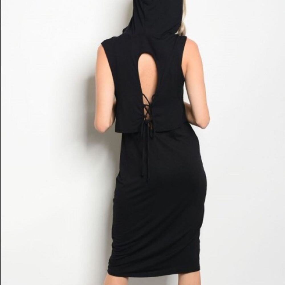 Back Cutout Dress Hooded Black - Picture 2 of 5